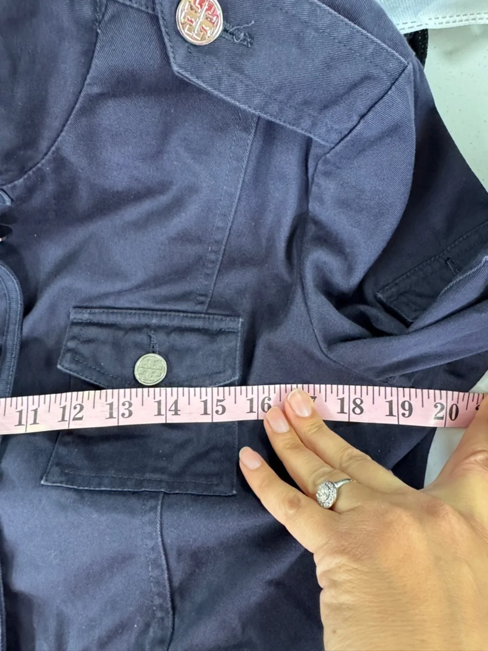 Tory Burch Dark Navy Utility Jacket with Silver Logo Buttons